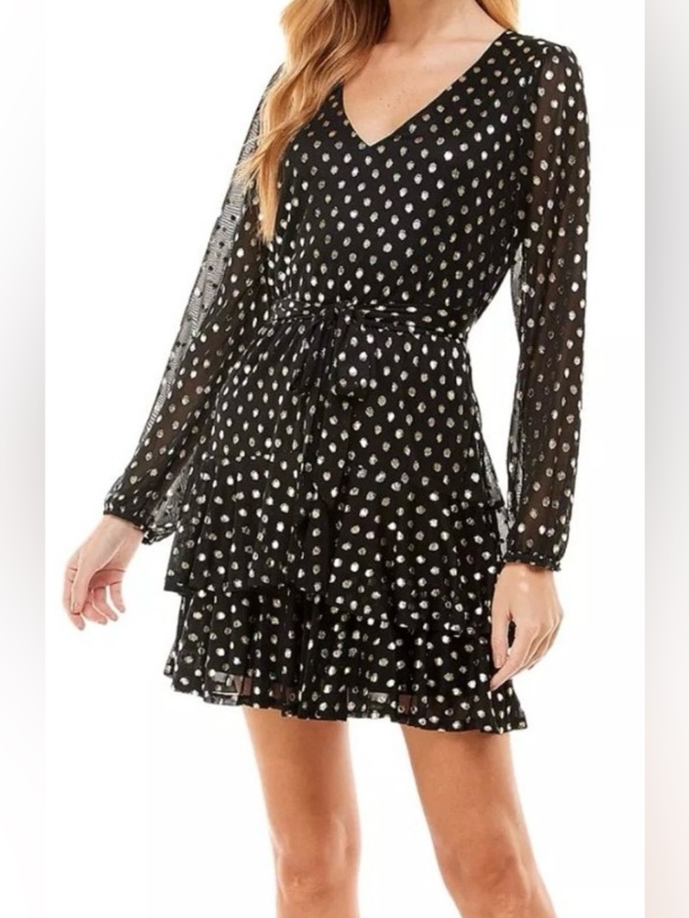 City Studio Black Long-Sleeve Polka Dot Tie-Waist Dress